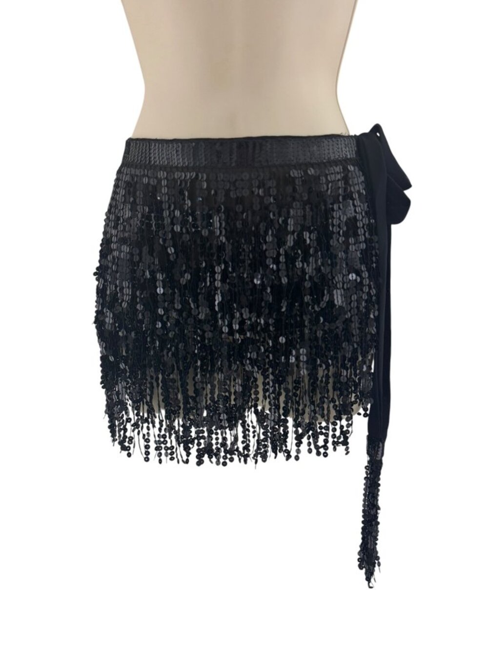 Black Sequin Wrap Mini Skirt Belly Dancing Sparkly Party Fringe Hip Festival OS